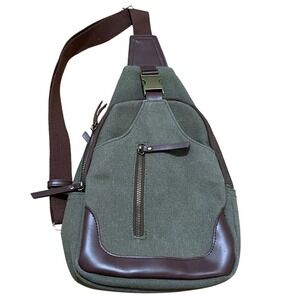 ANTIK KRAFT Olive Green Canvas Vegan Leather Trim Sling Bag Crossbody Purse